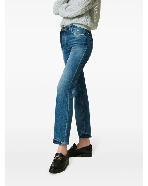 Twinset Blue Belted Distressed Straight-Leg Denim Jeans