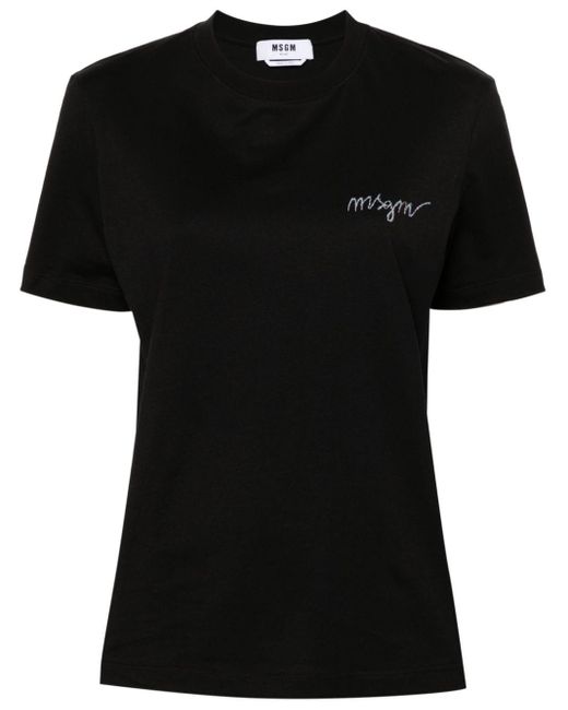 MSGM Black Logo-embroidered T-shirt