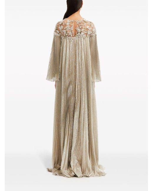 Oscar de la Renta Natural Pleated Crystal-embellished Caftan Dress