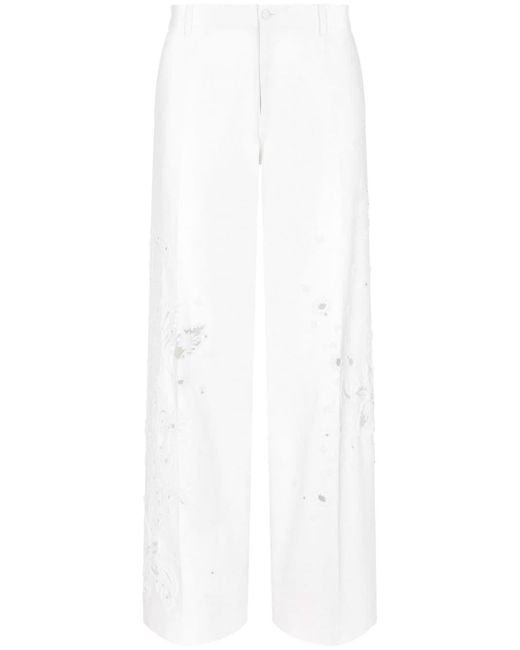 Dolce & Gabbana White Floral-lace Cotton Trousers for men