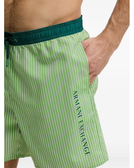 ARMANI EXCHANGE Green Stripe-Print Drawstring-Waist Swim Shorts for men