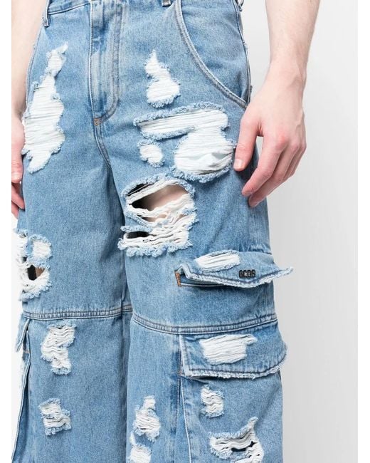 Gcds Blue Distressed Wide-Leg Jeans for men