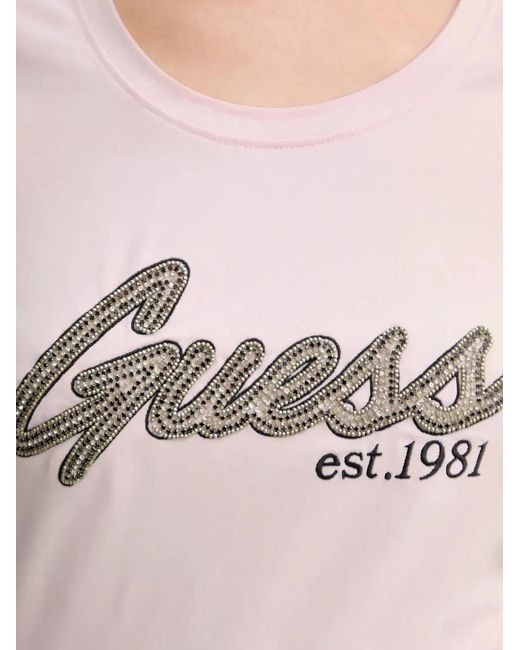 Guess White Rhinestone-Embellished Logo-Print T-Shirt