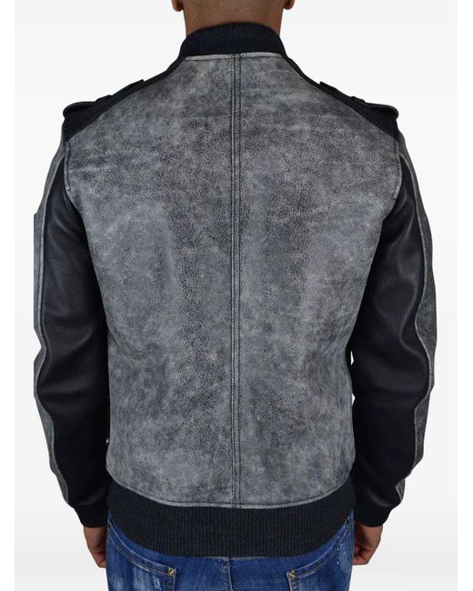 Philipp Plein Gray Logo Button Leather Jacket for men