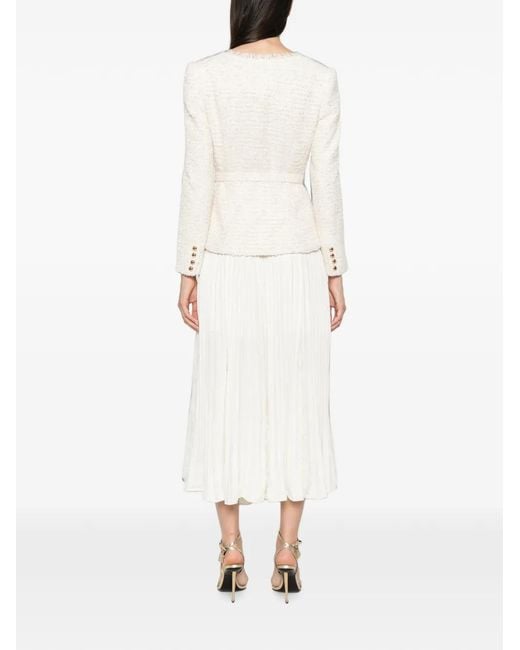 Self-Portrait White Bouclé-Knit Pleated Midi Dress