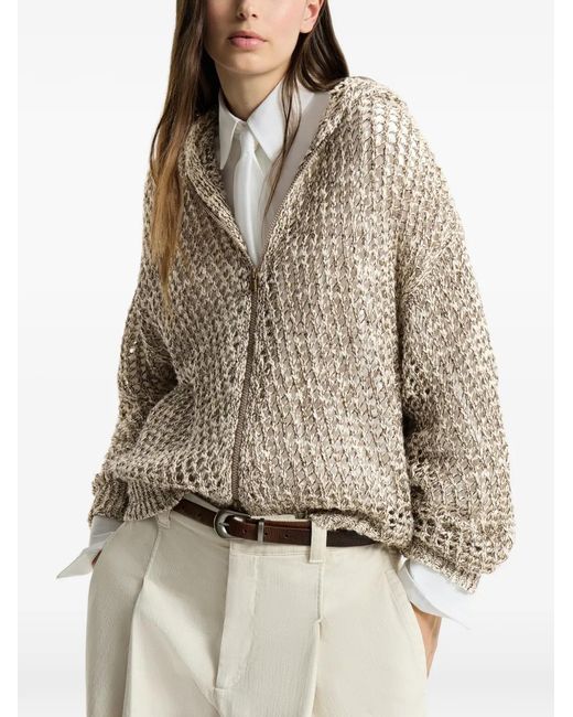 Brunello Cucinelli Natural Crochet-Knit Zip-Up Hoodie
