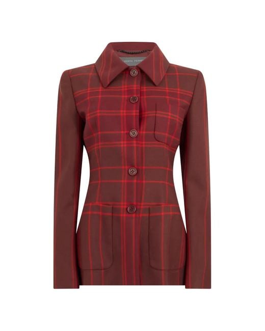 Alberta Ferretti Red Check-Pattern Button-Up Jacket