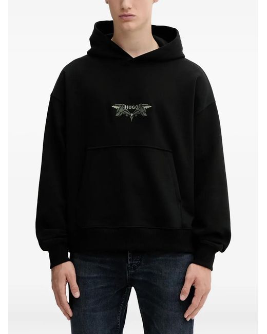 HUGO Black Bird-Embroidery Hoodie for men