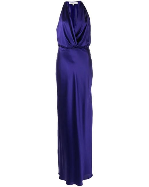 Michelle Mason Purple Draped-Detail Halterneck Gown