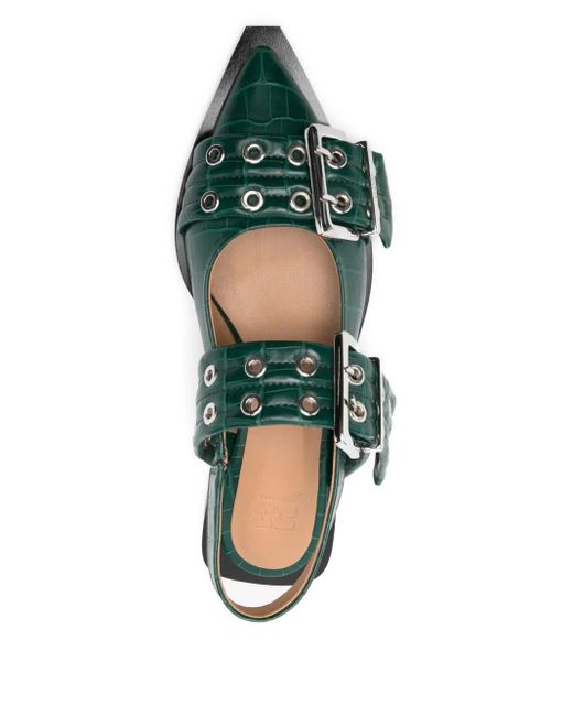 Ganni Green Double-Buckle Pointed Flat Pumps