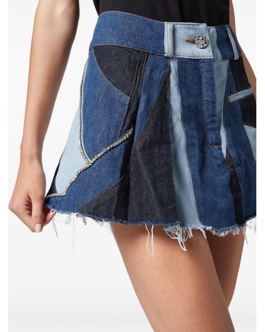 Philipp Plein Blue Patchwork Denim Mini Skirt
