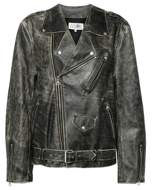 MM6 by Maison Martin Margiela Black Distressed-Effect Leather Jacket