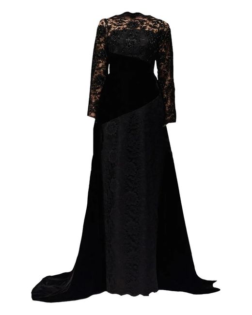 THA SEEN Black Lace-Panel Maxi Dress