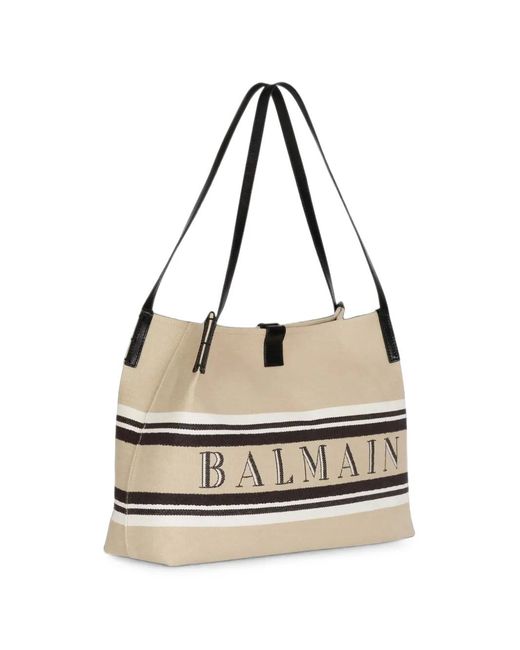 Balmain Metallic Logo-Embroidered Striped Tote Bag