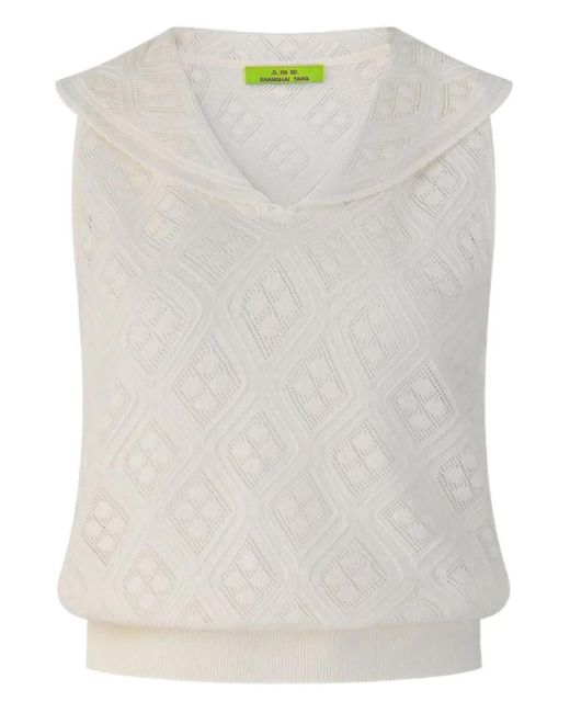 Shanghai Tang White Ribbed Collared Top