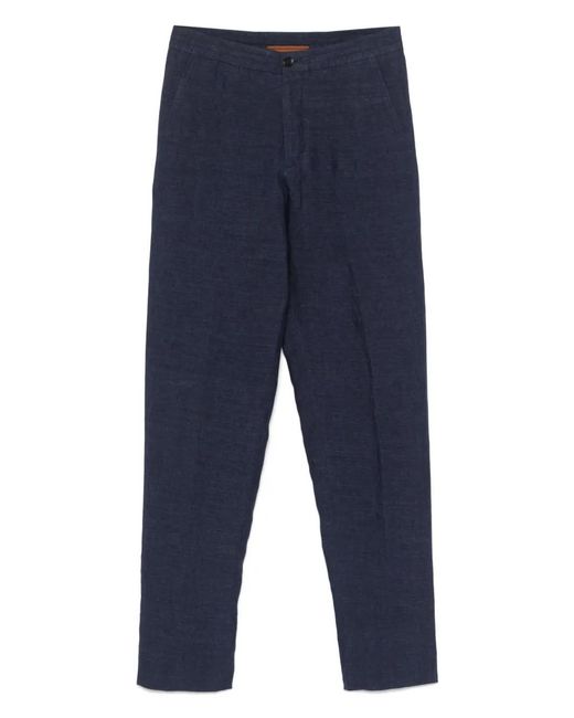 Zegna Blue Linen Tapered Trousers for men