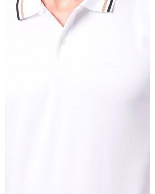 Boss White Stripe-Collar Short Sleeved Polo Shirt for men