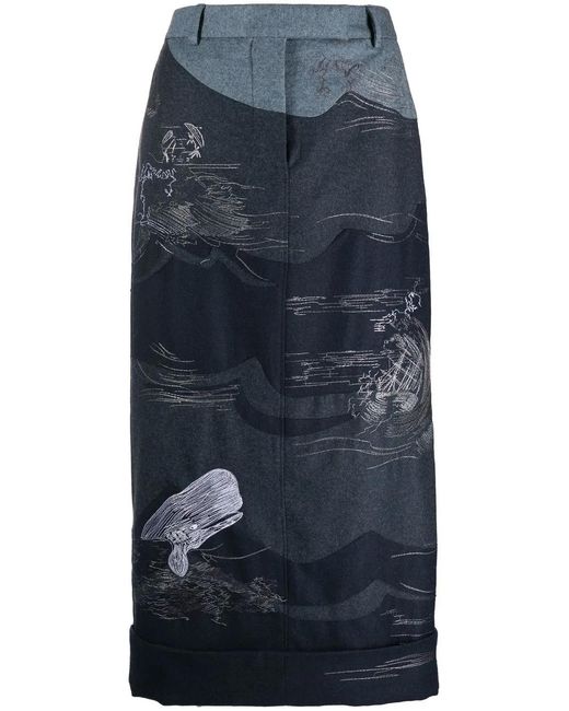 Thom Browne Blue Contrasting-Stitch Detail Midi Skirt