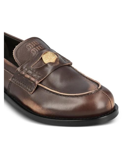 Miu Miu Brown Coin-Detail Burnished-Leather Loafers