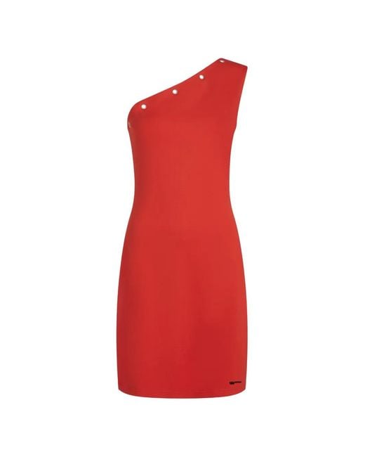 Karl Lagerfeld Red Eyelet-Detail One-Shoulder Mini Dress