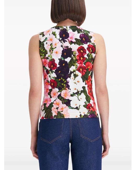 Oscar de la Renta Red Hollyhocks Floral-Print Tank Top
