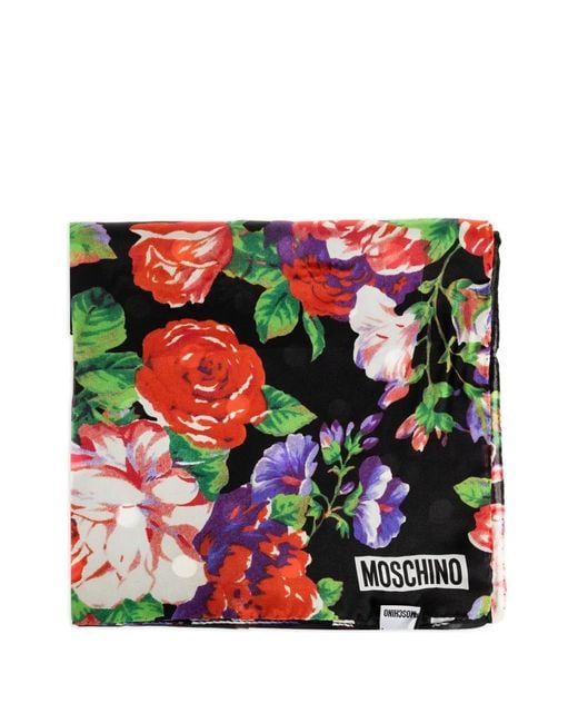 Moschino Black Floral-Print Silk Scarf