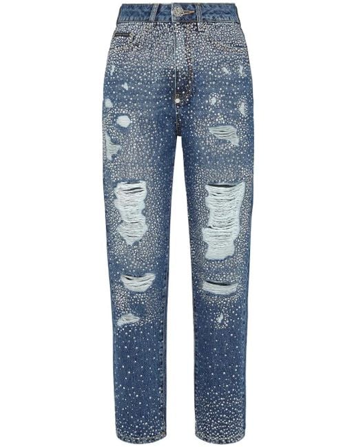 Philipp Plein Blue Crystal-Embellished Distressed-Denim Trousers