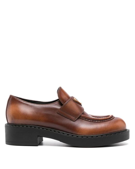 Prada Brown Triangle-Logo Leather Loafers