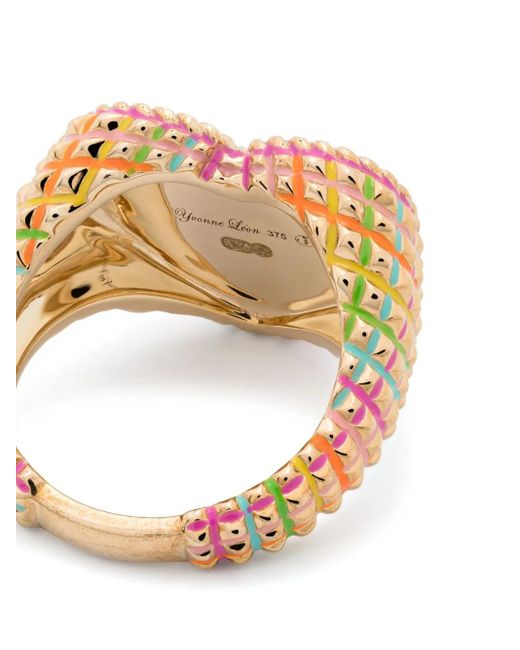 Yvonne Léon White 9Kt Chevalière Coeur Picotti Email Diamond Signet Ring