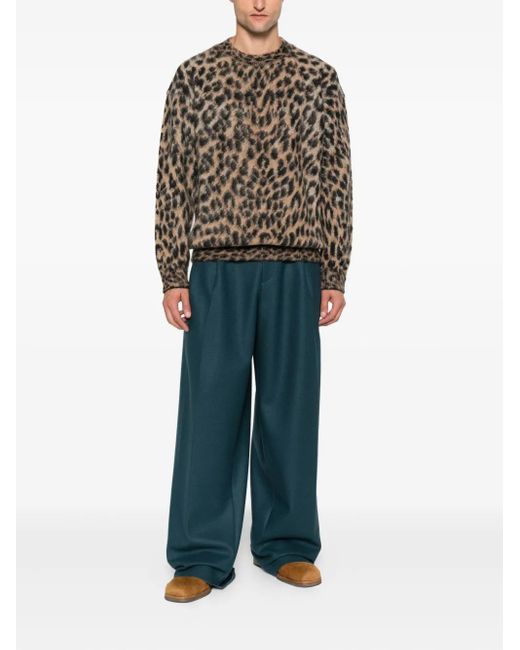 Laneus Brown Leopard-Print Crew-Neck Sweater for men