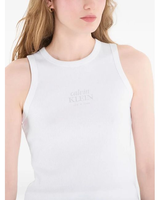 Calvin Klein White Logo-Print Ribbed Cotton Tank Top