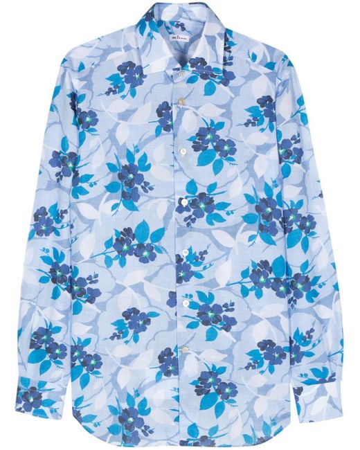 Kiton Blue Floral-print Cotton-blend Shirt for men