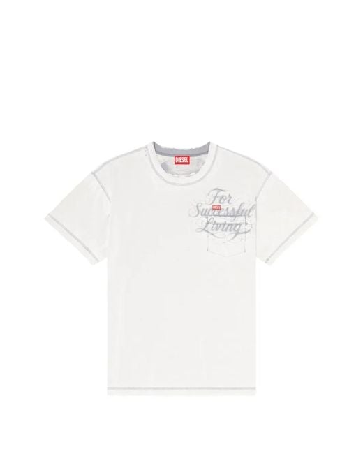 DIESEL White T-Shirt With Chest Pocket And Graphic Print for men