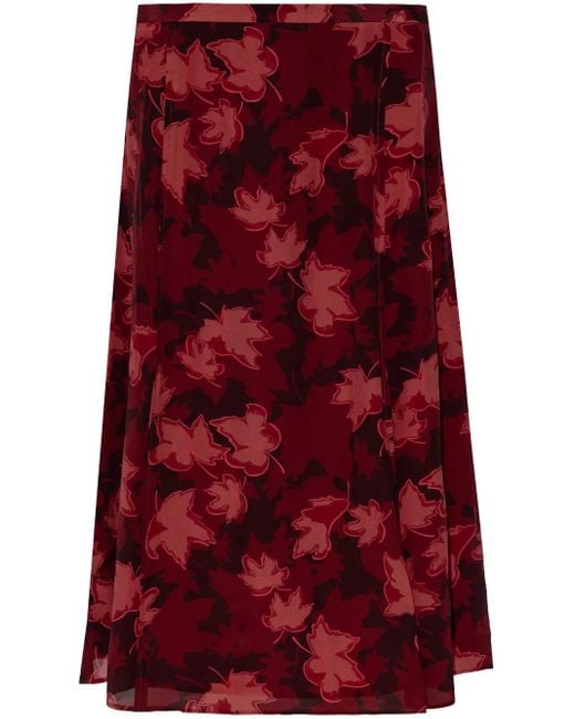 Maison Kitsuné Red Leaf-Print Midi Skirt