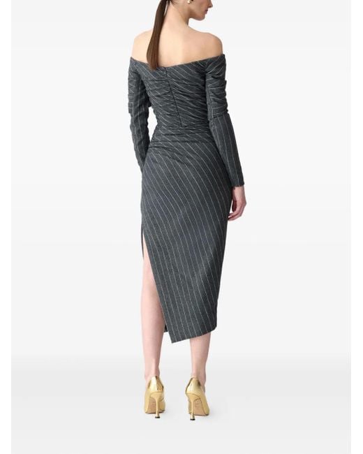 Carolina Herrera Black Off-Shoulder Pinstripe Asymmetric Day Dress