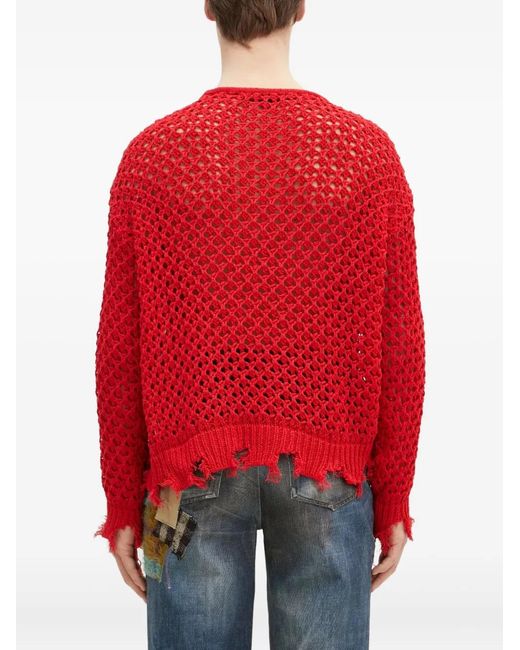 ANDERSSON BELL Red Open-Knit Frayed Sweater