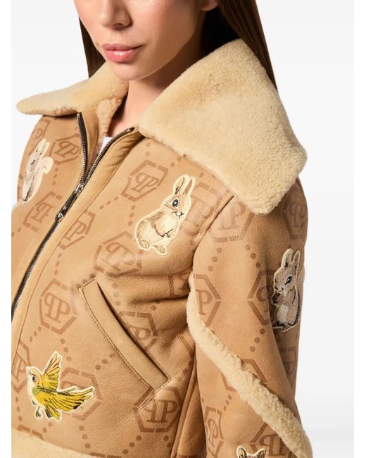 Philipp Plein Natural Monogram Embroidered Shearling Jacket