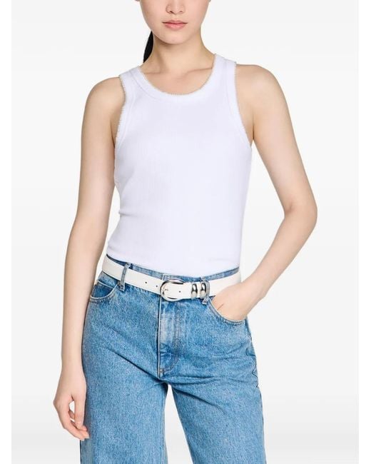 Sandro White Ribbed Beaded Top