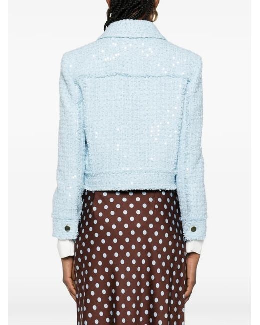 Alice + Olivia Blue Chloe Sequin-Detail Cropped Tweed Jacket