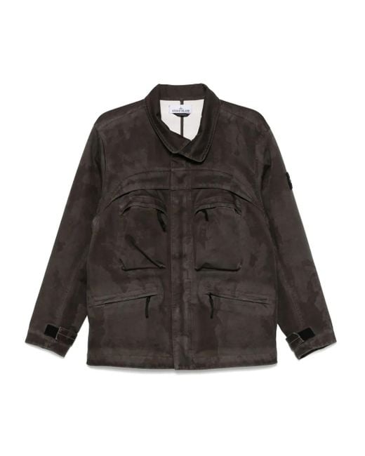 Stone Island Black Field Jacket Raso Gommato 3L Laser Camo for men