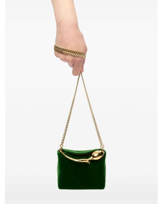 Erdem Green Micro Bloom Flower-Handle Velvet Tote Bag