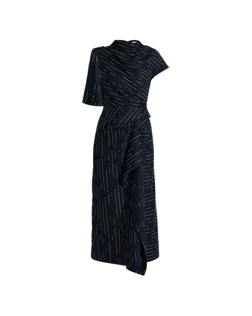 Erdem Blue Striped Draped Midi Dress