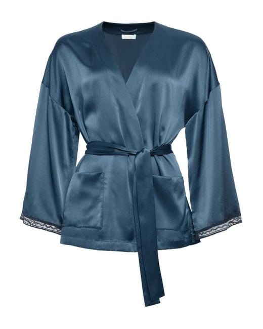 Eres Blue Ondine Lace-Trimmed Silk Robe