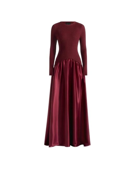 Manière De Voir Red Adeline Knit & Satin Curved Hem Maxi Dress