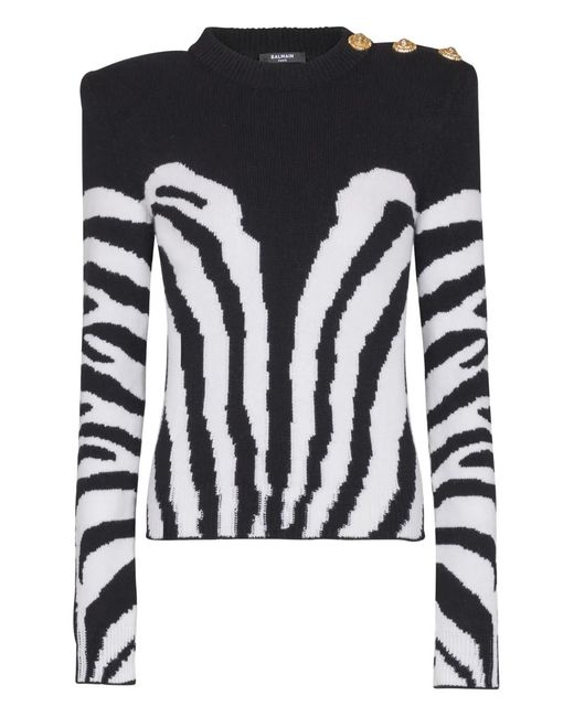 Balmain Black Zebra-Pattern Padded-Shoulder Sweater