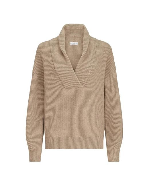 Brunello Cucinelli Natural Cashmere English-Rib Sweater With Monili