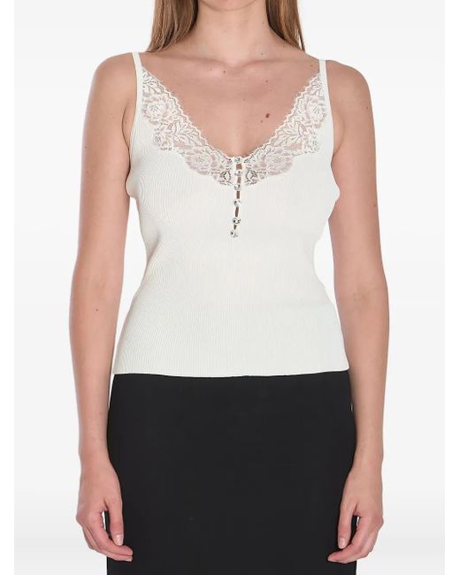 Self-Portrait White Lace Trim Rib Knit Top