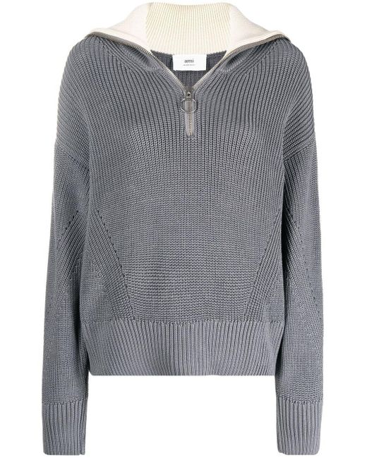 AMI Gray Zip-up Knitted Jumper