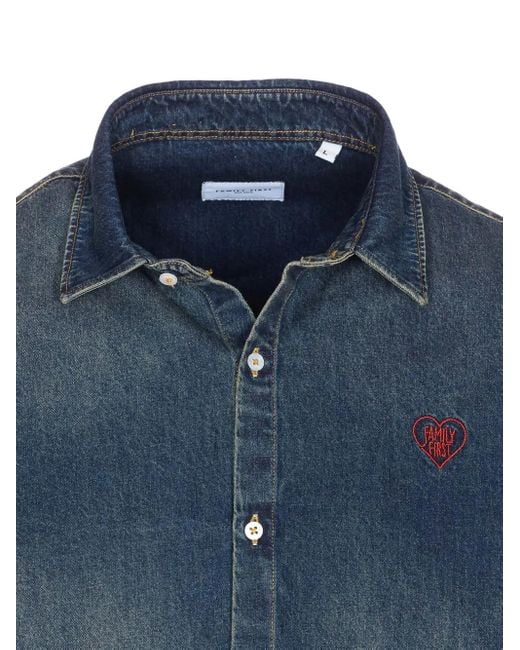 FAMILY FIRST Blue Embroidered-Heart Denim Shirt for men