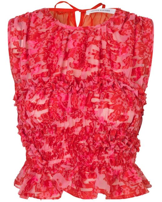 CECILIE BAHNSEN Red Floral Jacquard Sleeveless Blouse